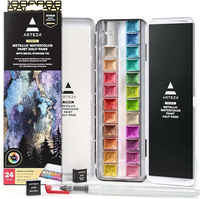 ARTEZA Metallic Watercolor Paint Set, 24 Shimmer Half Pans with Metal Tin | Water Brush Included, Visible on Light and Dark Paper, For Washes, Gradients, Dry Brush, Lettering, Cards and Art Journals