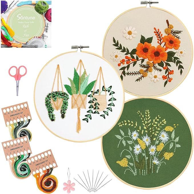 Santune 3 Sets Embroidery Kit for Beginners Needlepoint Cross Stitch Kits for Adults,Stitch Learning DIY Sets with Instruction Video,Stamped Floral Patterns,Hoop,Threads,Sewing Kit