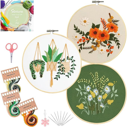 Santune 3 Sets Embroidery Kit for Beginners Needlepoint Cross Stitch Kits for Adults,Stitch Learning DIY Sets with Instruction Video,Stamped Floral Patterns,Hoop,Threads,Sewing Kit