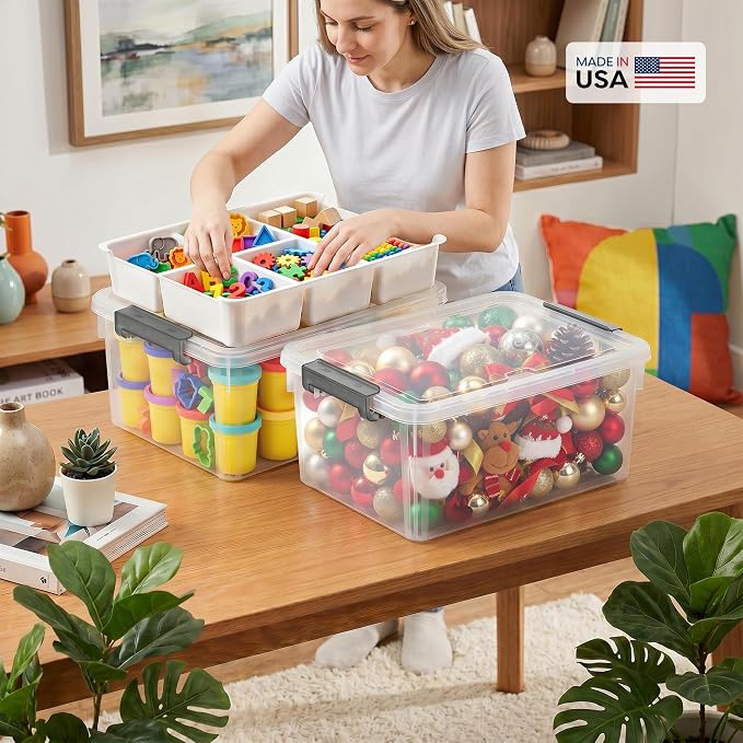 17QT 2Packs Clear Craft Organizers and Storage with Fixed-Compartment Tray, Art Supply Organizers and Storage, Craft Storage Bins with Lids for Beads, Markers, Playdoh, Tools and Coloring Books