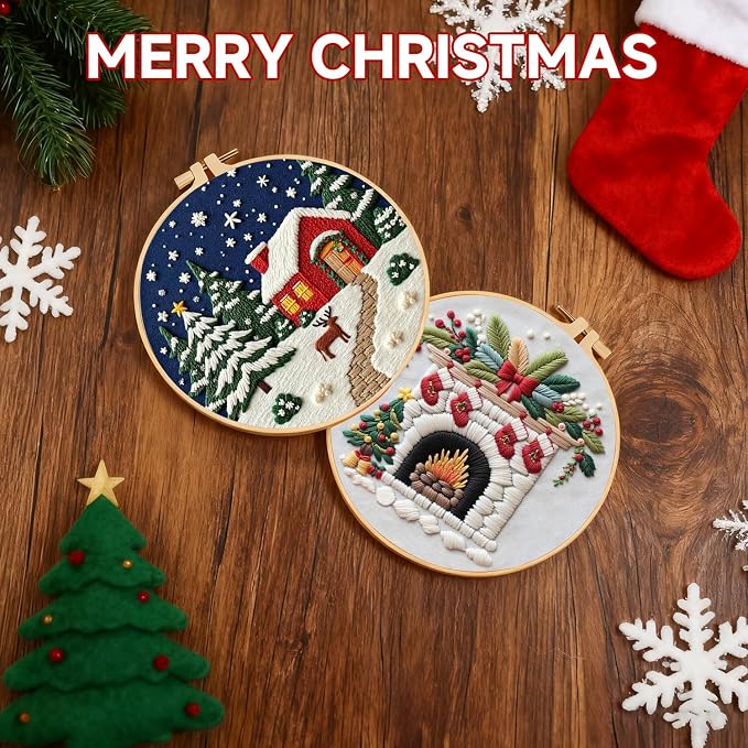 BBLYBD Christmas Embroidery Kit, 4 Set Embroidery DIY Starter Kit, Cross Stitch Kits with Pre-Printed Embroidery Fabric, Hoops, Step-by-Step Instructions, Color Threads & Needles (Christmas-4 Set)