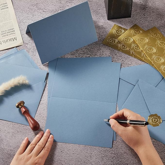 50 Pack Dusty Blue A7 Envelopes with Cards and Gold Stickers, 5x7