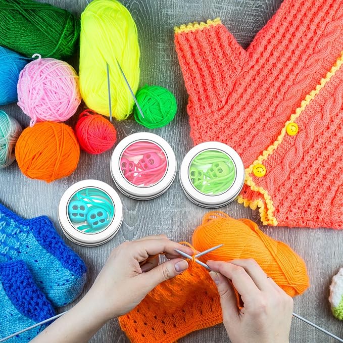 GliCraft 3 Pack Silicone Knitting Stitches Holder Barber Cord Stitch Markers Knit Stitches Keeper with Needle Stoppers in a Storage Tin for Craft