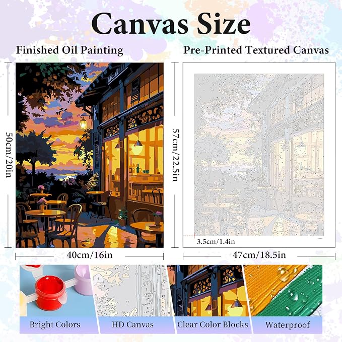 Paint by Numbers Kit for Adults, Sunset Café Number Painting Canvas Kit | DIY Acrylic Painting Set for Beginners, Stress Relief Relaxing Craft, Home Wall Decor, Holiday Gift for Adults, 16x20 Inch