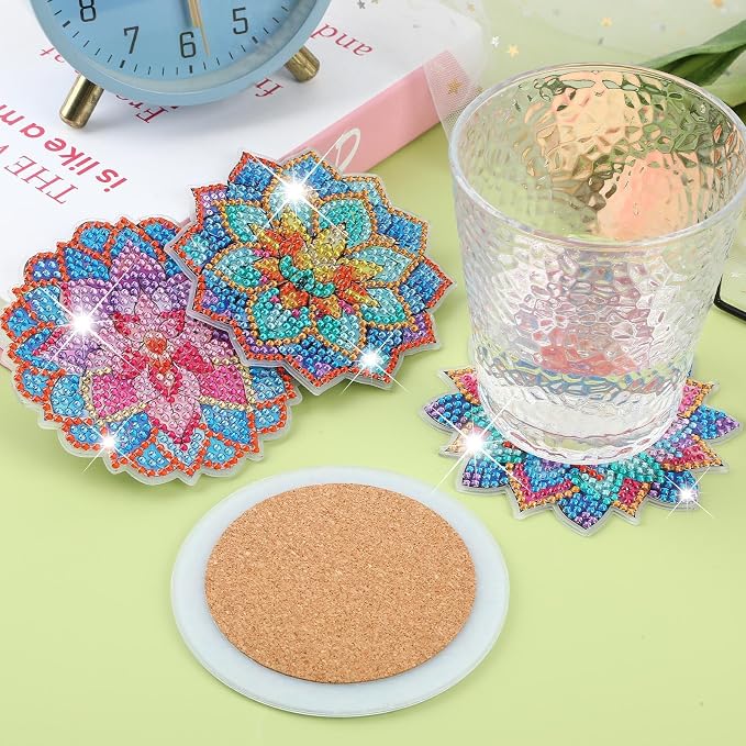 UPINS 8Pcs Lotus Diamond Art Painting Coasters Kits with Holder, Diamond Art Non Slip Coaster Kits DIY with Holder Crafts for Adults Diamond Art Painting Kits Supplies for Holiday Gift