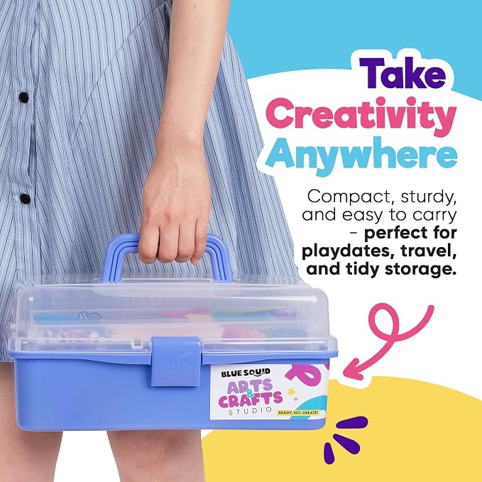 Blue Squid Arts & Crafts Box (Purple)- 2800+ pcs Deluxe Craft Supplies Box, 2 Drawers, 18 Compartments, Sturdy Handle - Art Crafting Kit Birthday Gifts for Kids, School Supply for Ages 4-12