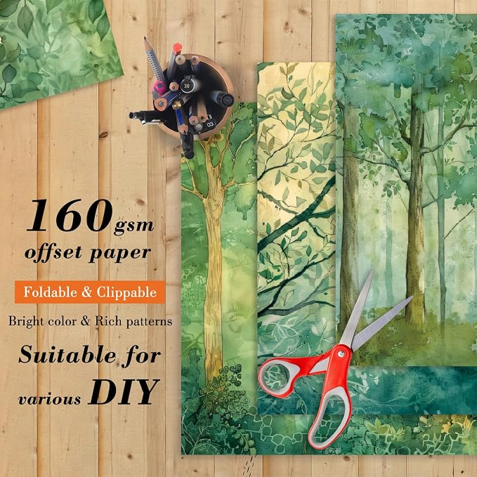 Green Scrapbook Paper Pad 6 x 6 in- 24 Sheets Forest Patterned Designed Tree Decorative Decoupage Folded Card Material Gift Wrapping Planners Junk Journal DIY Crafts Photo Album