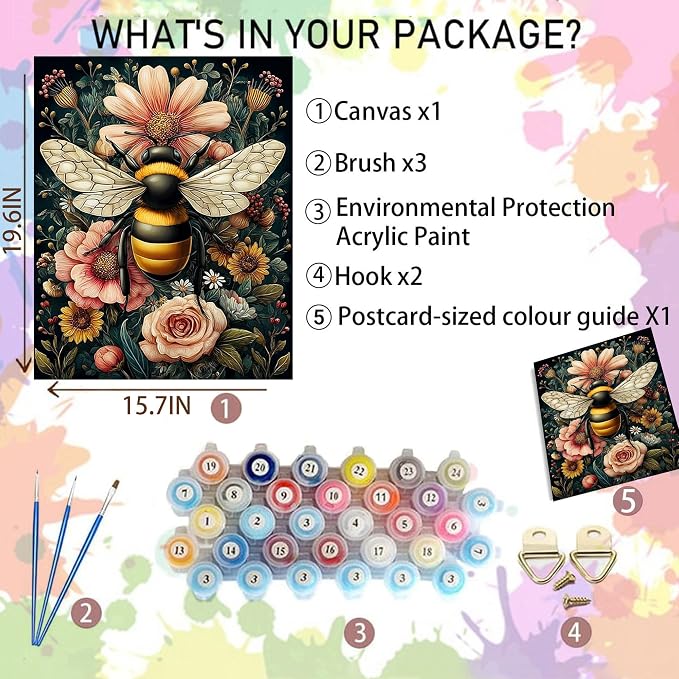 Arttoplus Bee Paint by Numbers Kit for Adults Beginner 16x20 inch | Flowers Adult Paint by Number Kits on Canvas, DIY Acrylic Oil Painting by Numbers for Gift Home Wall Decor (Without Frame)