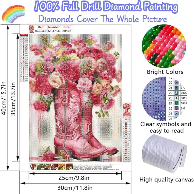 Accompany Wind Pink Boots Diamond Art Kits for Adults, 5D Boots Flower Diamond Painting Kits for Beginners,DIY Round Full Drill Diamonds Gem Art Crafts for Home Wall Decor Gifts 12x16 Inch