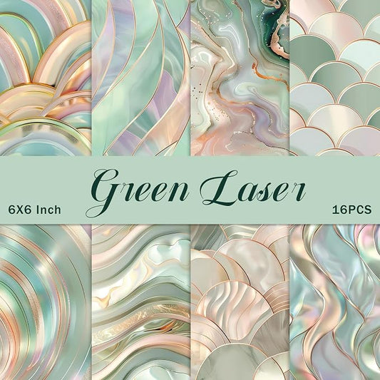 PRSTINCOL Scrapbook Paper,16 Sheets 6x6 Inch Green Laser Style Scrapbook Suppliesr,Single-Sided Vivid Origami Decoupage Paper for Diy Crafts, Card Making, Art Journaling