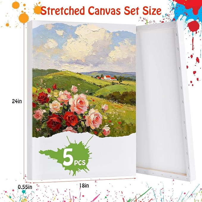 Stretched Canvas for Painting - 18x24 Inch/5 Canvas Value Pack - Triple Primer Acid Free 100% Cotton Blank Canvas for Painting Supplies Oil and Acrylic Pouring Art Watercolor
