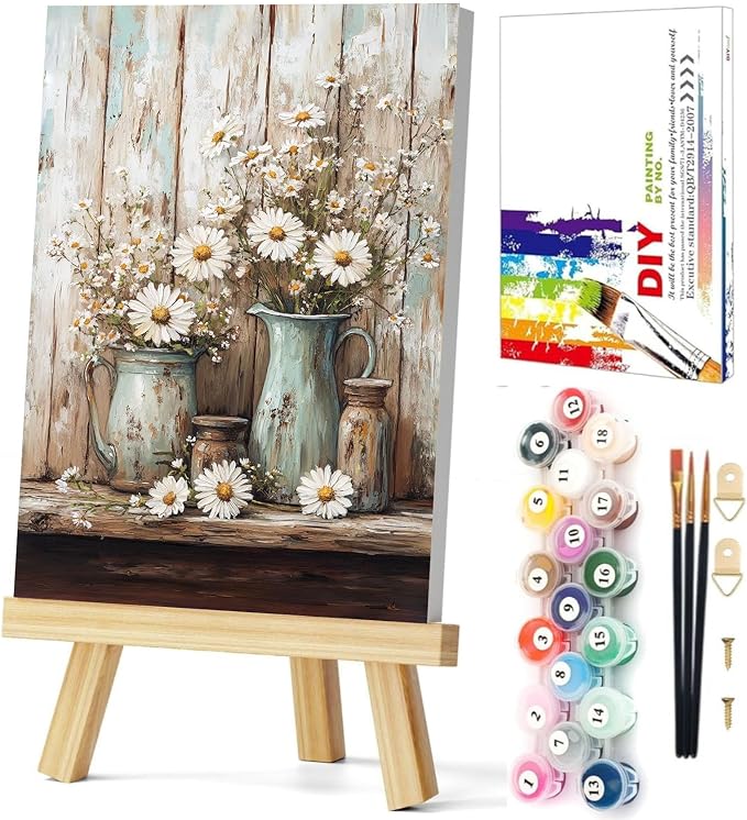 Gemozaic Framed Paint by Numbers Kit for Adults, Vintage Flowers Paint by Numbers with Frame & Easel, Rustic DIY Number Painting for Gift, Home, Office, Wall Decor, 8 x 12 Inch