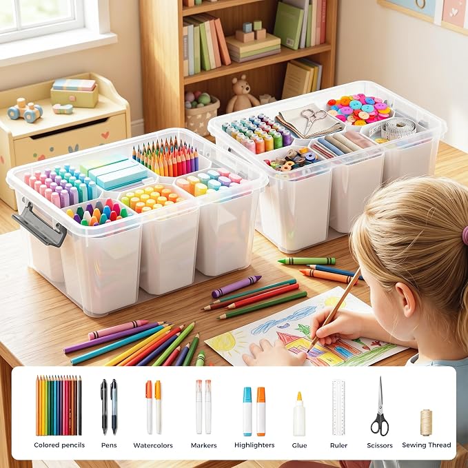 17QT 2Packs Clear Marker Organizer – 6 Detachable Inserts, Stackable Craft Organizers and Storage, Art Supply Organizer for Markers, Crayon, Pencils, Pens and Craft Supplies