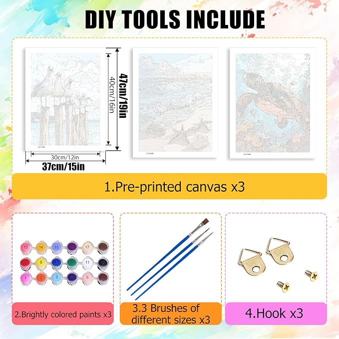 Yunruily 3 Pack Beach Adult Paint by Numbers - Paint by Number kit for Adults,Sea Turtle Paint by Number Adult for Gifts Home Wall Decor 12x16inch