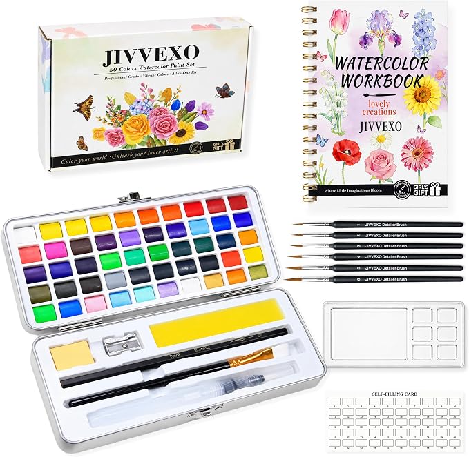 50 Colors Watercolor Paint Set with Watercolor Workbook for Adults | Travel Watercolor Set with 14 Pre-Drawn Projects, 1 Water Brush, 6 Detail Brushes & Painting Supplies for Teens & Beginners