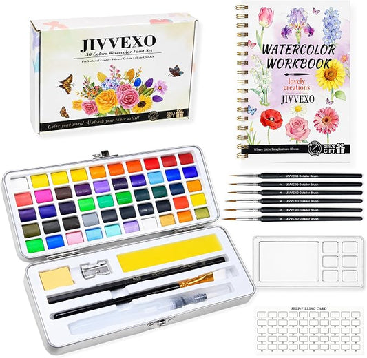 50 Colors Watercolor Paint Set with Watercolor Workbook for Adults | Travel Watercolor Set with 14 Pre-Drawn Projects, 1 Water Brush, 6 Detail Brushes & Painting Supplies for Teens & Beginners
