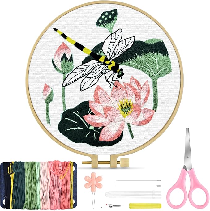 TINDTOP Embroidery Kit for Beginners Adult, Dragonfly Embroidery Kit | Include Embroidery Cloth Hoops Threads for Craft Lover Hand Stitch with Embroidery Skill Techniques (Dragonfly)