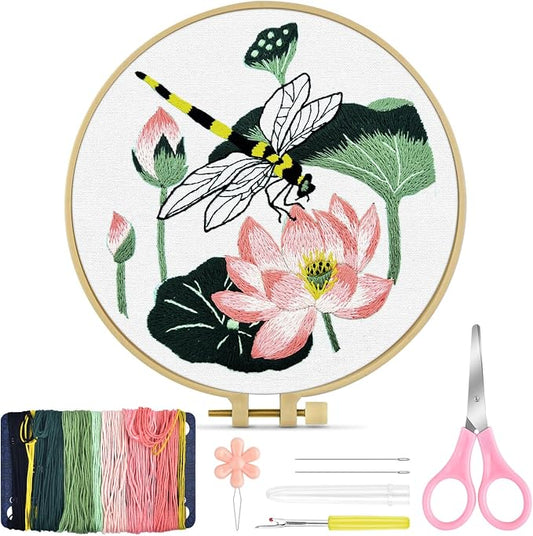 TINDTOP Embroidery Kit for Beginners Adult, Dragonfly Embroidery Kit | Include Embroidery Cloth Hoops Threads for Craft Lover Hand Stitch with Embroidery Skill Techniques (Dragonfly)