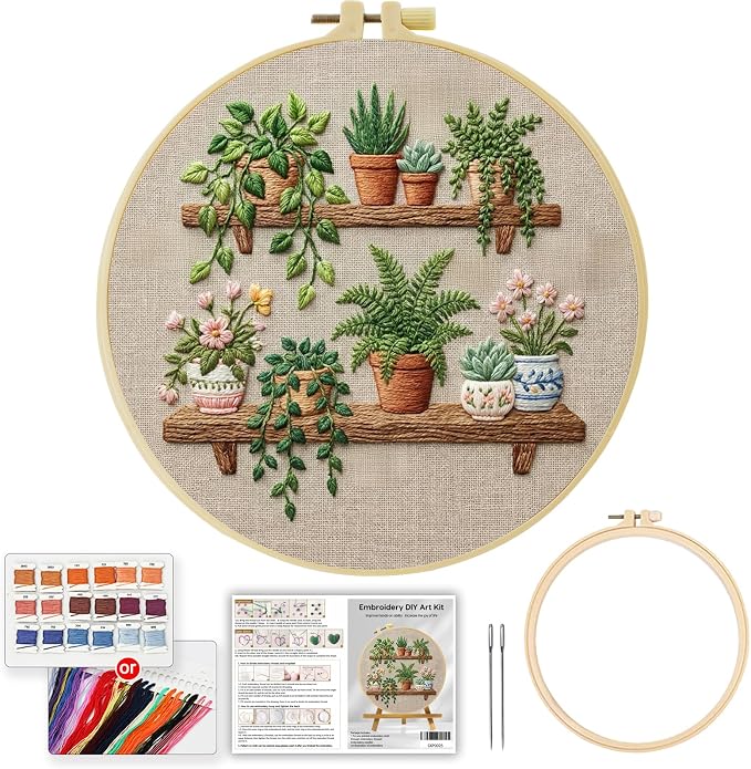 Full Range Embroidery Kit for Adult, Green Plant Pattern Embroidery Kit for Beginners Include Embroidery Cloth Hoops Threads for Craft Lover Hand Stitch with Embroidery Skill Techniques (Book Flowers)