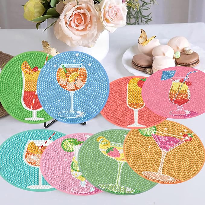 Diamond Art Coasters Kits, 8 Pcs Cocktail Diamond Painting Coasters Kit