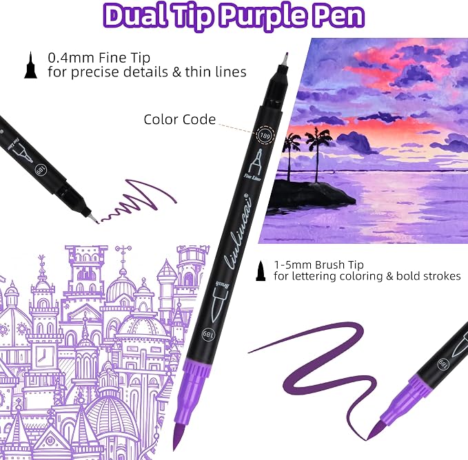 LIULIUCAI 10 Purple Dual Marker, Fine & Brush Tip Pen for Adult Coloring