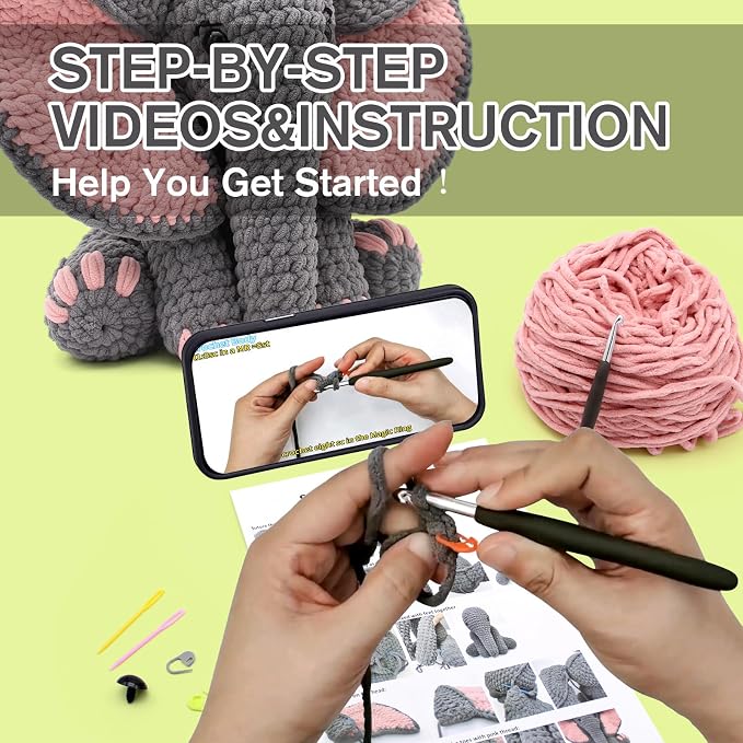 CODGP Crochet Kit for Beginners, 13-Inch Elephant Crochet Kit for Adults | Crochet Starter Kit Gift, Animal Amigurumi Kit, Durable Chenille Yarn, Full Supplies, Step-by-Step Videos, for Crochet Lovers