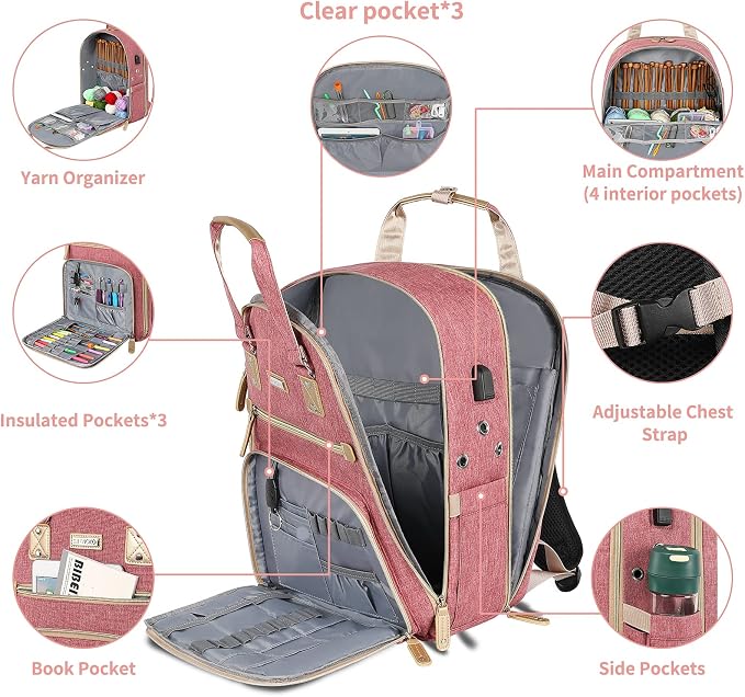 SINVICKO Crochet Bag, Knitting Bag Backpack and Totes Organizer with USB Charging Port, Large Yarn Storage Tote Bag