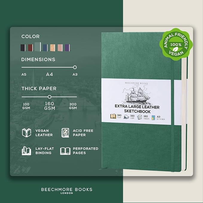 Beechmore Books A3 11.7x16.5 Mixed Media Sketchbook 160 GSM/98lb, Gift Box | Hardcover Drawing Pad with Lay-Flat Binding, Extra Large Perforated Ivory Paper for Studio Drawing & Watercolor Work