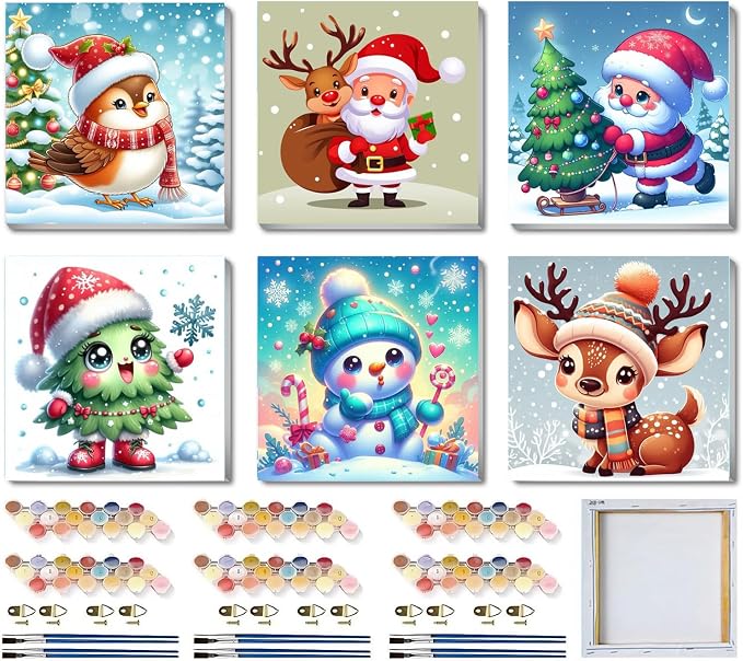 6 Pack Christmas Framed Paint by Numbers for Adults, Easy Acrylic Cartoon Painting by Number Kits on Canvas, Christmas Painting by Numbers Kits, Adults' Paint-by-Number Kits for Home Wall Decor 8x8in