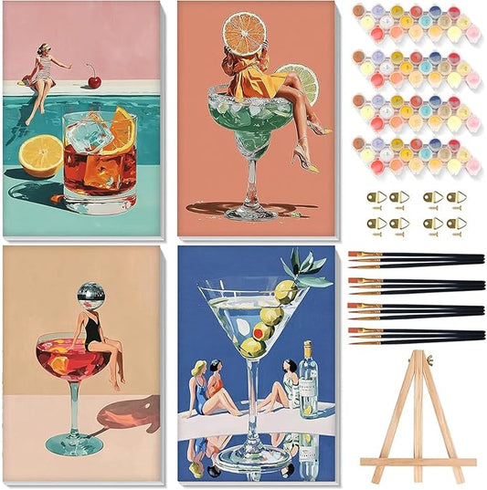 4 Pcs Cocktail Paint by Numbers for Adults with Frame Canvas - Wooden Easel | Cocktail Paint by Number for Beginners, Easy Acrylic Oil Painting on Canvas with Brushes for Home Wall Decor (8x12 inch)