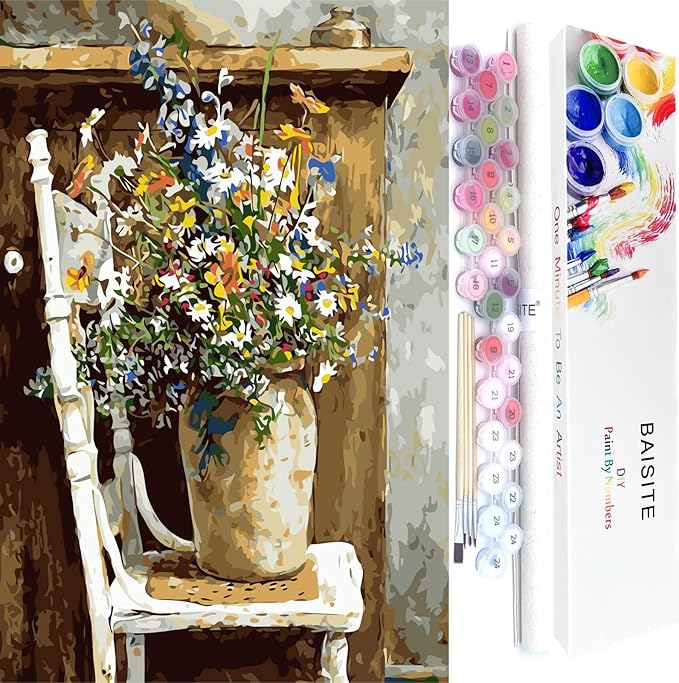 BAISITE Paint by Numbers Kit for Adults Beginners,20" Lx16 W Canvas for Painting Kits for Adults in Colorful Box Daisy Vase-BSC003