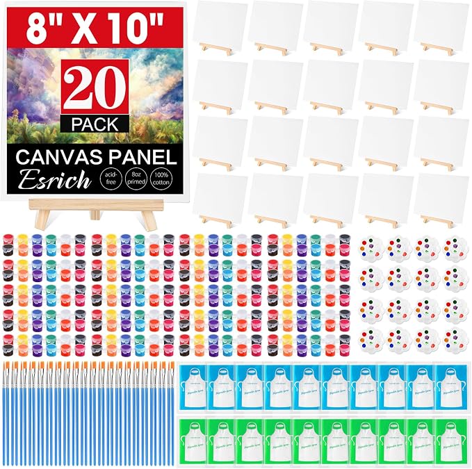 ESRICH 20 Pack 8x10 Canvas and Easel Set, Mini Acrylic Paint, Paint Brushes, Palettes, Aprons, Sip and Paint Kits for Adults Couples Friends Date Night Painting Party Supplies