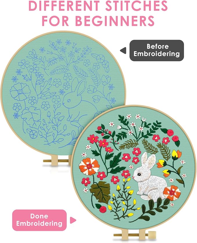 TINDTOP Embroidery Kit for Beginners Adult, Rabbit Embroidery Kit | Include Embroidery Cloth Hoops Threads for Craft Lover Hand Stitch with Embroidery Skill Techniques