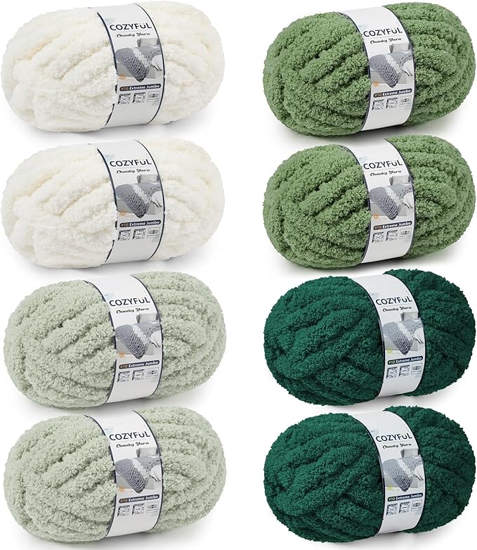 Cozyful Chunky Yarn for Hand Knitting - #10 Chunky Chenille Yarn, Jumbo Big Thick Chunky Yarns for Crocheting, Super Bulky Chunky Knit Blanket Yarns, 8 Skein (22yd, 8oz/Skein), Cream & Multi Green