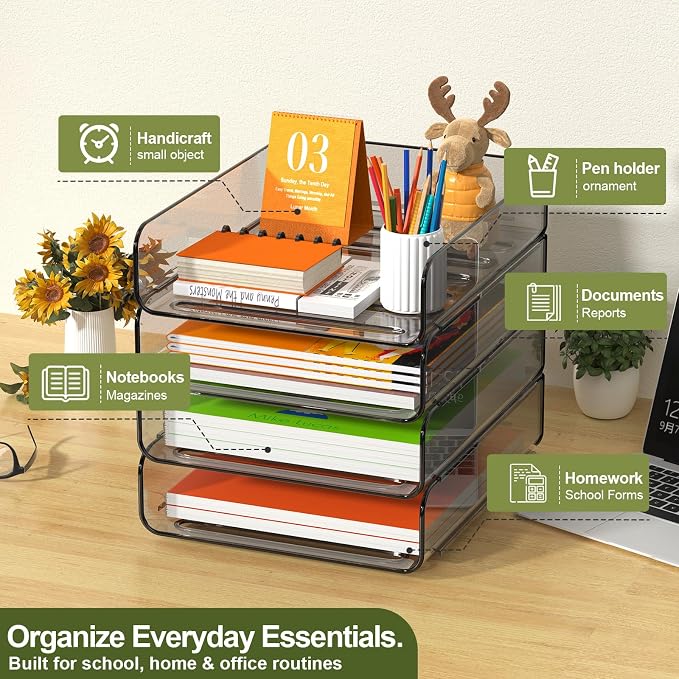 FANXIYQ 4-Tier Acrylic Paper Tray Organizer, Brown Office Paper Organizer