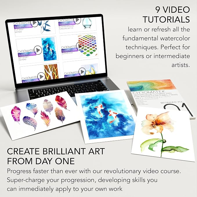 CHROMATEK Watercolor Tutorial Set, 7 Part Video Course, 84 Piece All-In-One Kit, Adults, Beginner & Professional Artists, 48 Watercolor Paint Tubes, 25 Page Workbook, 8 Brushes, Aquapen, Palette, Tape