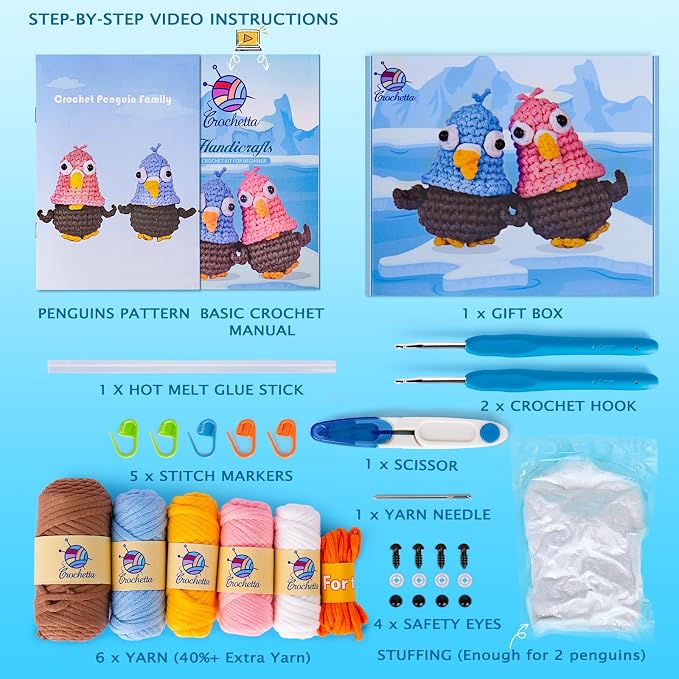 Crochetta Crochet Kit for Beginners, Crochet Kit with Step-by-Step Video Tutorials, Crochet Starter Kit Learn to Crochet Kits for Adults Teenagers, Jumbo 2 Penguins Familly (40%+ Yarn Content)