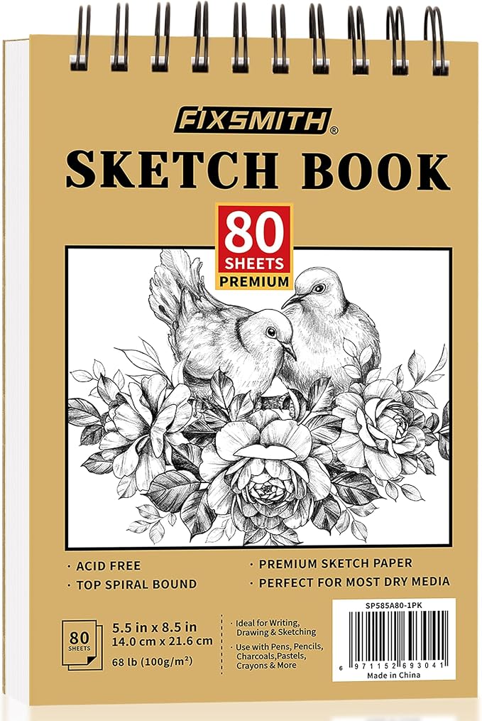 FIXSMITH 5.5"X8.5" Sketch Book, 80 Sheets (68 lb/100gsm) Sketchbook | Acid Free Drawing Paper | Top Bound Artist Sketch Pad | for Kids, Beginners, Artists & Professionals | Bright White
