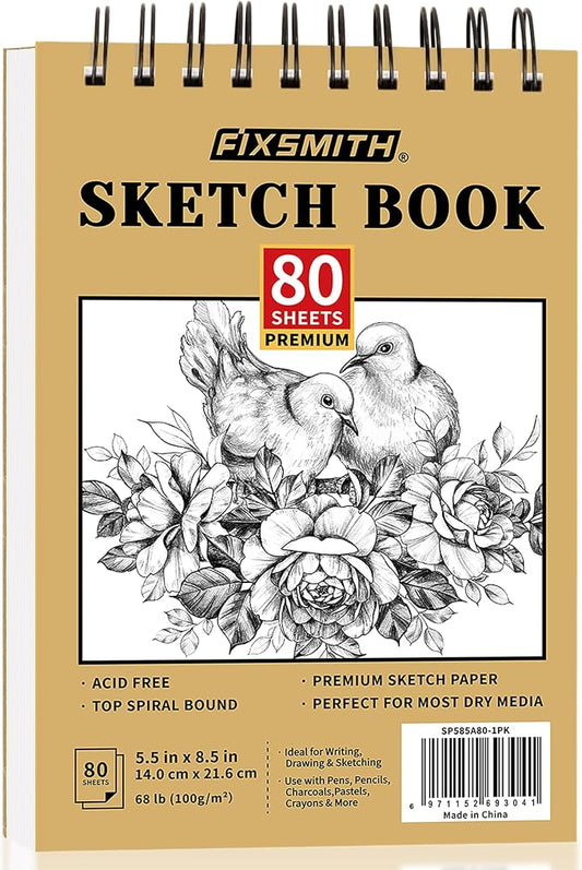 FIXSMITH 5.5"X8.5" Sketch Book, 80 Sheets (68 lb/100gsm) Sketchbook | Acid Free Drawing Paper | Top Bound Artist Sketch Pad | for Kids, Beginners, Artists & Professionals | Bright White
