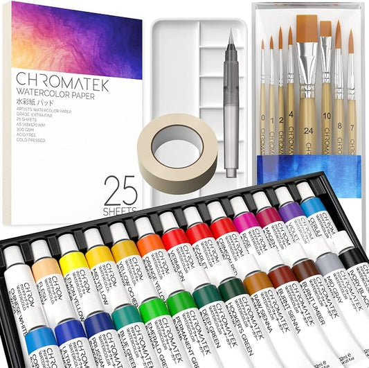 CHROMATEK Watercolor Paint Set - 62 Piece Kit for Adults, Beginner & Professional Artists - 26 Tubes (12ml), 25 Pages Sketch Pad, 8 Painting Brushes, Aquapen, Palette, Masking Tape - Art Supplies