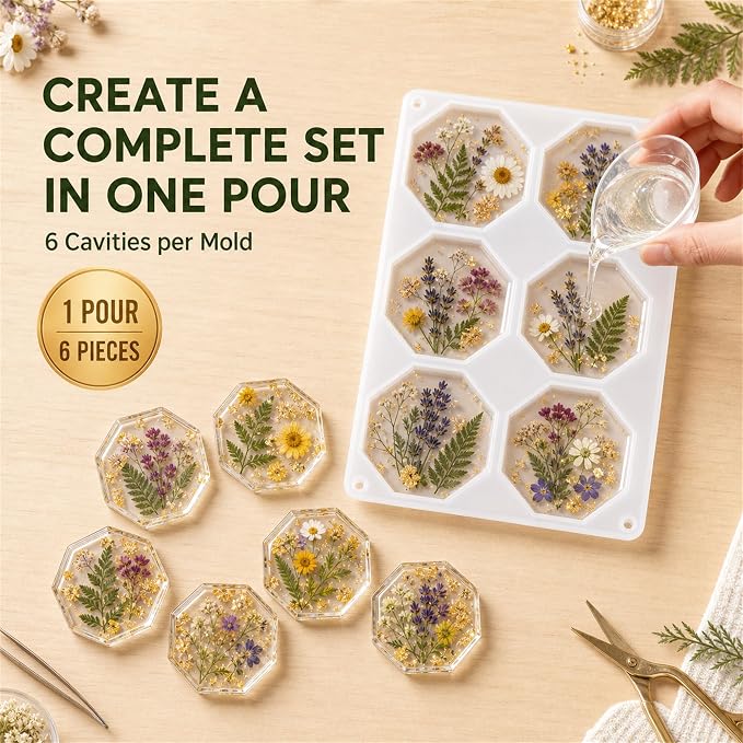 2 Pack Coaster Molds for Epoxy Resin, Round and Octagon Silicone Molds | 12 Cavities Deep Resin Coaster Molds for Flower Bouquet Preservation, DIY Art Crafts & Home Decor