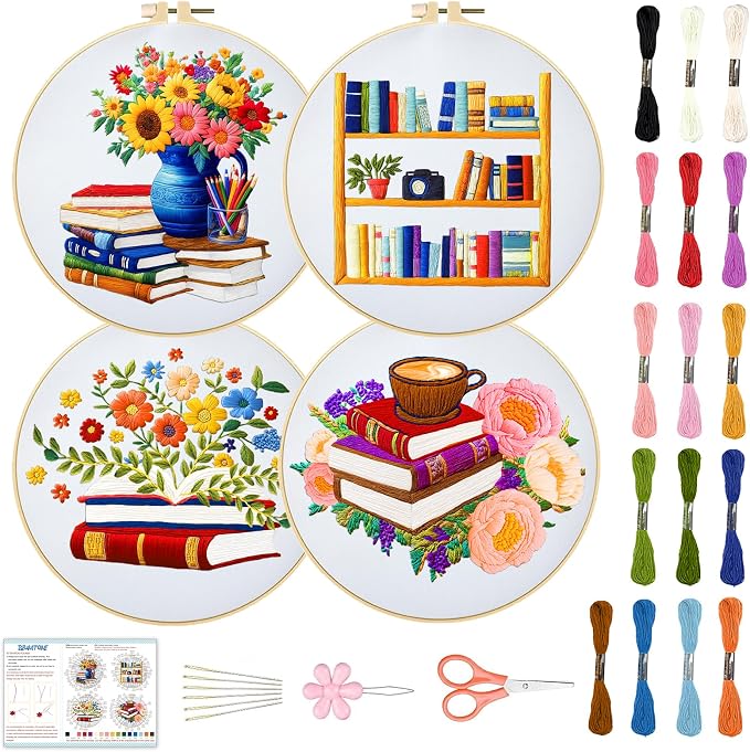 BEUNITONE 4 Set Book Flower Embroidery Kit for Adult Beginners 7.9x7.9 DIY Cross Stitch Kits Needlepoint Starter Kit with Pre-Printed Design and Hoops, Stamped Embroidery Kit for Home Ofiice Decor