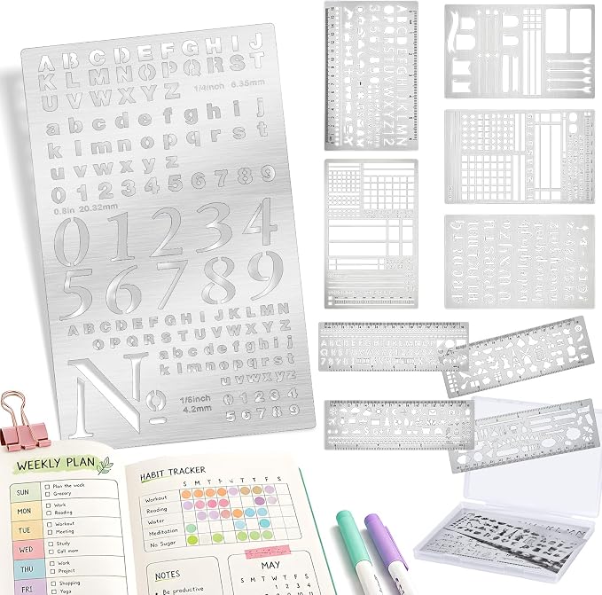 10Pcs Metal Planning Stencils, Bullet Journal Stencil, Ruler Stencil for Journaling with Case – Bullet Journal Weekly/Monthly Planning, Daily Task Tracker, Drawing Straight Lines