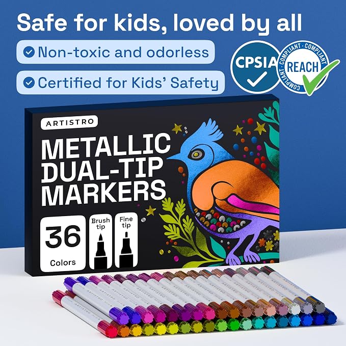 ARTISTRO Metallic Dual-Tip Acrylic Paint Marker Pens - Set of 36 | For Fabric, Rock, Glass, Wood, & Coloring Books, Arts & Crafts Gift, Classroom Must Haves & School Supplies (Dot & Fine Tips)