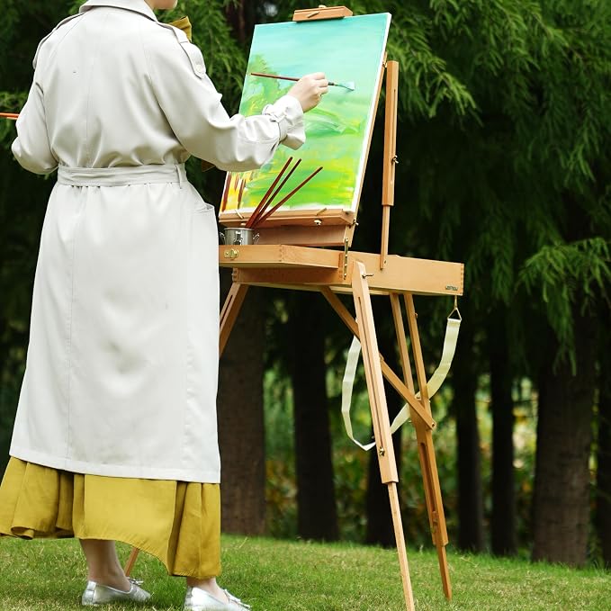 PHOENIX Beechwood Foldable French Box Easel - Portable Sketchbox with Drawer and Palette for Plein Air, Outdoor Travel, Field Art Wooden Easel Stand for Adults Artist