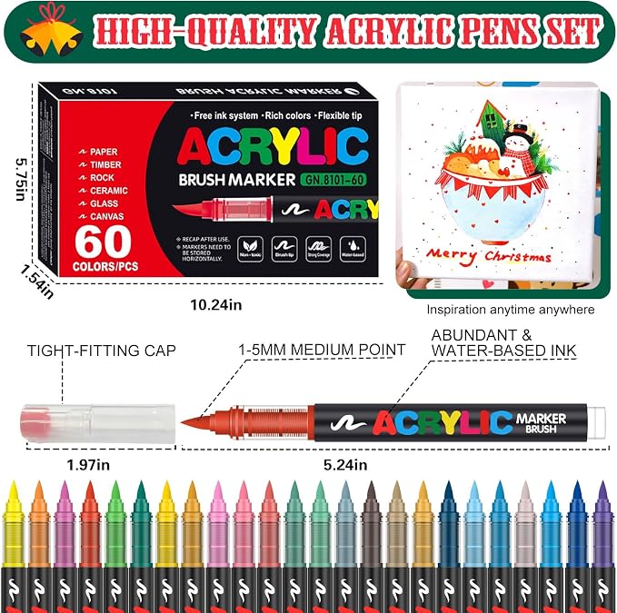 Amamao 60 Colors Soft Brush Tip Acrylic Paint Markers for Wood Rock Canvas