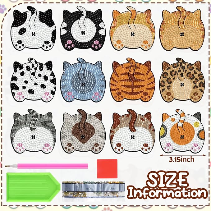 Zonon 12 Pcs Cat Diamond Art Magnets for Fridge Kitty Decor Kits | Cute Kitty Shapes with Diamond Painting Sparkle, Magnetic Stickers for Home Decor, Pre-finished Art Ready for Adults