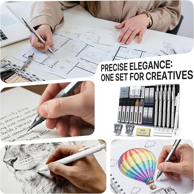 WUO Mechanical Pencil Set, 5 Pack Drafting Pencils 0.3/0.5/0.7/0.9/2.0mm