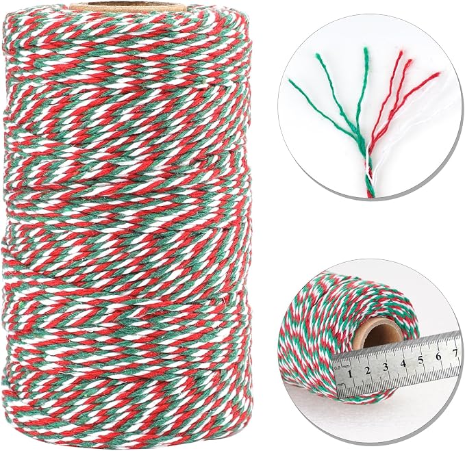 jijAcraft Christmas Twine String, 328 Feet Red Green and White Bakers Twine String, 2MM Heavy Duty Packing String for DIY Crafts, Christmas Decoration, Gift Wrapping, Craft Wrapping