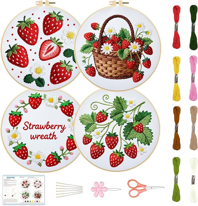 BEUNITONE 4 Set Strawberry Embroidery Kit for Adult Beginners 7.9"x7.9" DIY Stamped Needlepoint Kits with Pre-Printed Designs, Complete Handmade Embroidery Craft for Relaxing Hobby and Home Decor